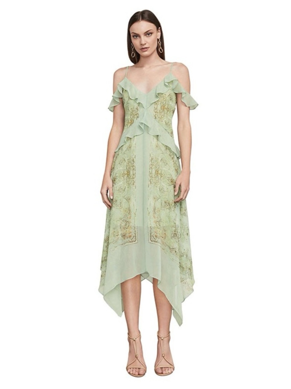BCBGMaxAzria Light Sage Cold-Shoulder Ruffle Midi Dress